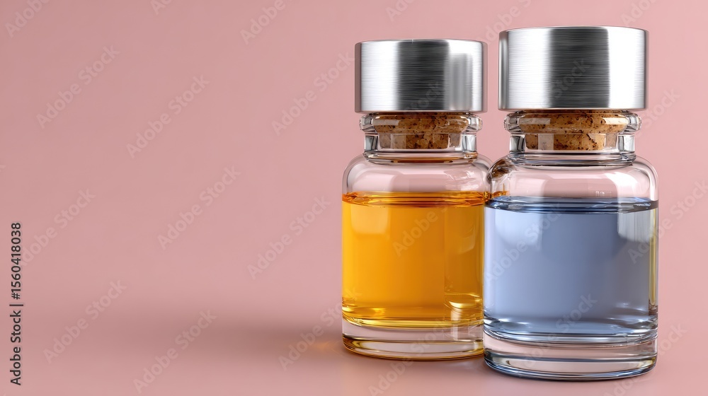 Two beautiful glass perfume bottles in orange and blue stand gracefully against a soft pink backdrop, showcasing their elegance Two beautiful glass perfume bottles in orange and blue stand gracefully against a soft pink backdrop, showcasing their elegance