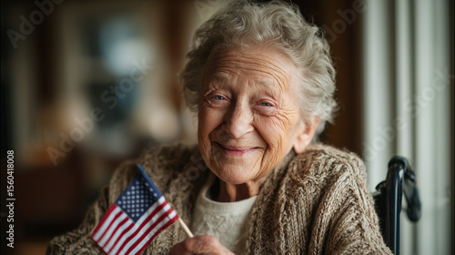 An elderly woman smiling while holding the American flag, symbol of patriotism, pride, and freedom, perfect for themes of independence, culture, and national spirit.