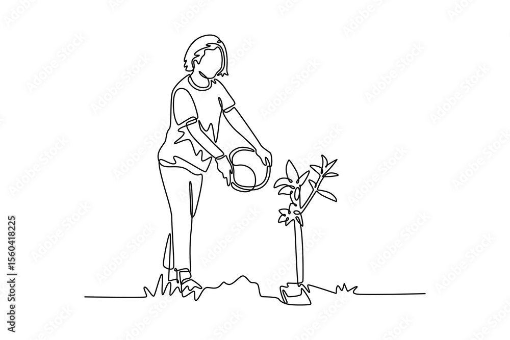 Fototapeta premium Planting tree in city concept. Single line draw design. Vector graphic illustration