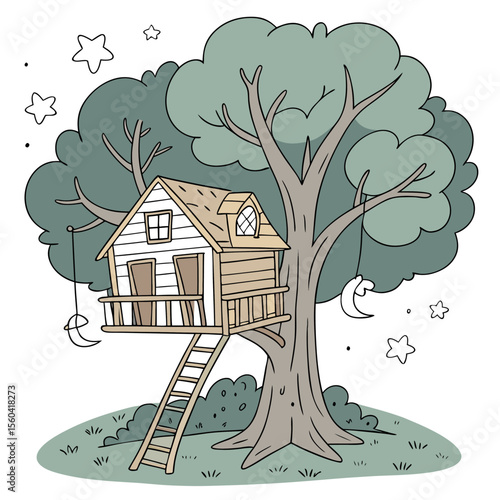 Illustration of a whimsical treehouse with ladder, surrounded by stars and moons in a dreamy setting