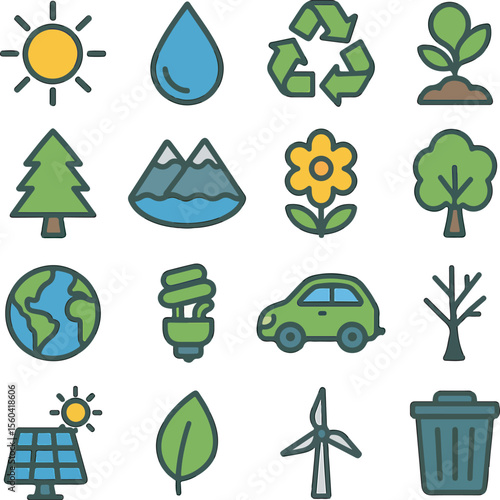 Collection of Environmental Symbols and Icons Representing Nature and Sustainability
