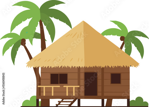 Tropical wooden hut with thatched roof surrounded by palm trees summer vacation vector illustration