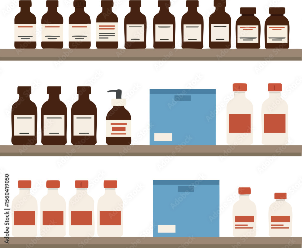 Medicine bottles and pharmaceutical containers organized on three shelves in flat style vector illustration Medicine bottles and pharmaceutical containers organized on three shelves in flat style vector illustration