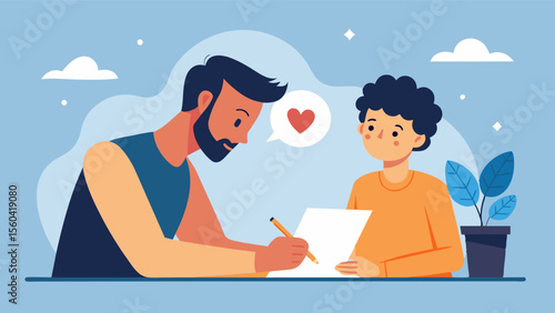 A man writing a heartfelt letter to his younger self reassuring him that his worth is not defined by his appearance and encouraging him to love his body unconditionally.. Vector illustration