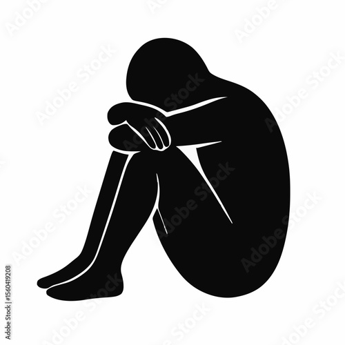 Silhouette of a person sitting with arms wrapped around knees, expressing loneliness, depression, sadness, mental illness, emotional pain, anxiety, and psychological solitude.