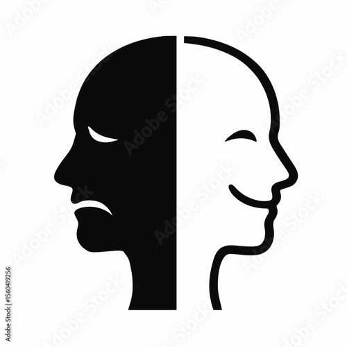 Split face silhouette illustrating bipolar disorder, identity crisis, schizophrenia, personality disorder, emotional instability, psychology, and mental health diagnosis concept.