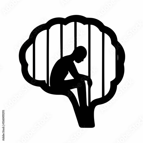 Silhouette of a person trapped in a brain cage, symbolizing mental illness, anxiety, depression, overthinking, PTSD, psychological trap, emotional isolation, and mental breakdown.