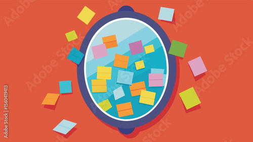 A mirror covered in positive and empowering sticky notes serving as a daily reminder for a man to love and accept himself despite societal pressures and standards.. Vector illustration