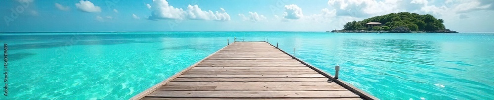 Obraz premium Serene Island Dock Sun-Drenched Wood Planks Extending into Calm Turquoise Waters, Perfect for Relaxation and Escape