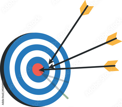 Target with three arrows hitting the bullseye symbolizing precision and success in goal achievement vector illustration