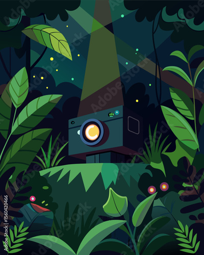 A solarpowered camera hidden in a dense rainforest capturing rare images of elusive nocturnal animals.. Vector illustration