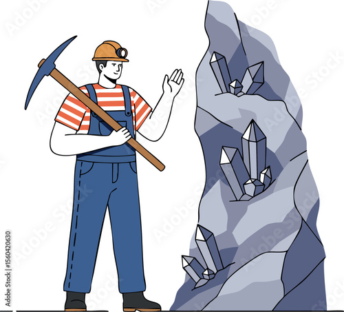 Miner holding pickaxe standing next to large crystal rock mining industry worker vector illustration