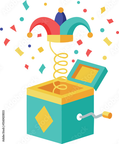 Jack in the Box Toy with Colorful Jester Hat and Confetti Illustration of Classic Surprise Game Toy