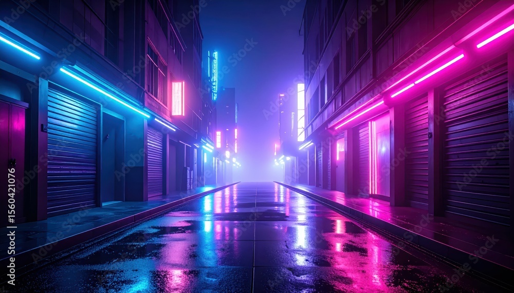 Fototapeta premium Misty Cyberpunk Alley with Neon Lights and Reflections at Night