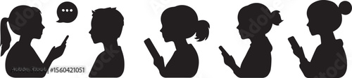 Silhouette Icons Children Using Phones and Chatting  Communication and Technology Vector Graphics