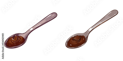 Chocolate spread in two silver spoons on transparent background 
