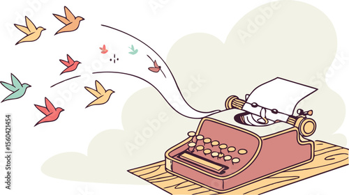 Vintage typewriter with paper and colorful birds flying out of it on a wooden surface illustration