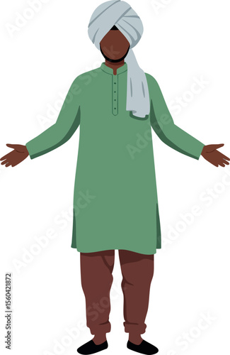 Man in traditional green kurta and white turban standing with open arms vector illustration