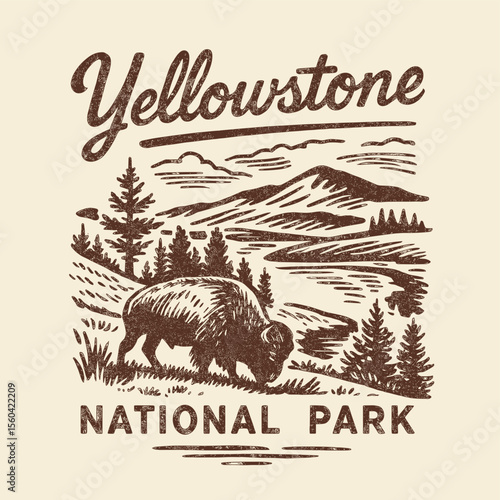 Yellowstone National Park Buffalo with Mountain and River Landscape Vintage Design