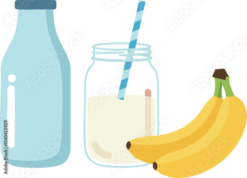 Fresh banana smoothie with milk bottle and striped straw in glass jar vector illustration