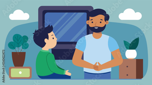 A public service announcement on TV featuring a father talking to his son about the importance of loving oneself and not succumbing to societal pressures in regards to body image.. Vector illustration
