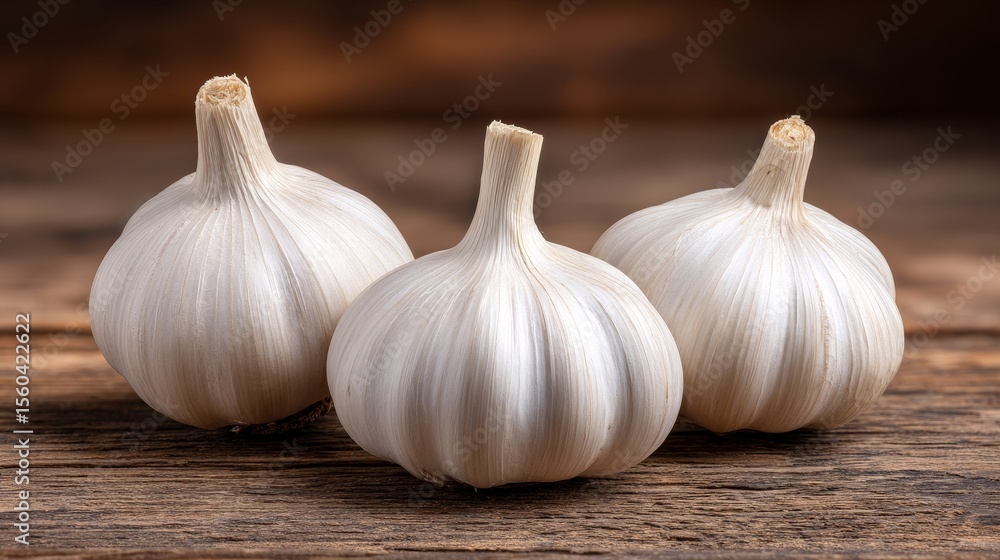 Obraz premium Harvesting healthy garlic fresh bulbs on a rustic wooden table for bakery ingredients