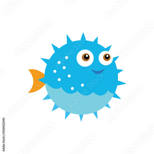 Cute cartoon blue puffer fish with big eyes and orange tail on white background