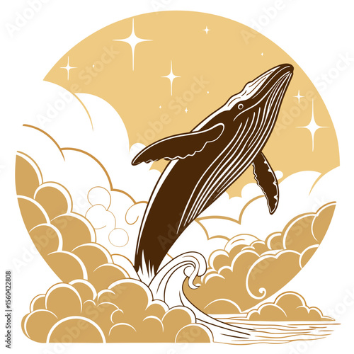 Brown whale breaching from the ocean surrounded by clouds and stars in a circular golden background