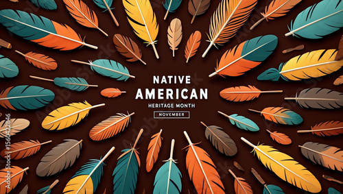 Native American Heritage Month Banner with Colorful Feathers and Bold Typography on Earthy Brown Background