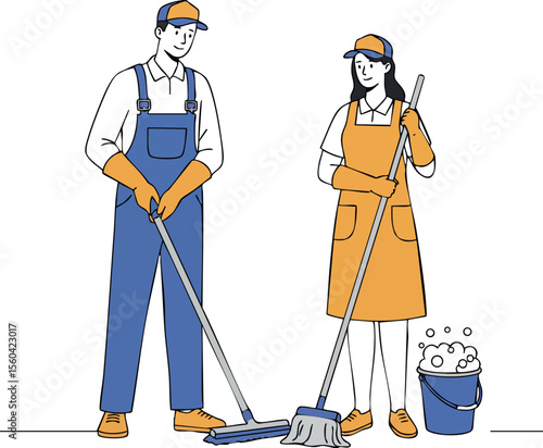 Cleaning workers wearing protective gloves and aprons with mop and broom performing janitorial tasks vector illustration