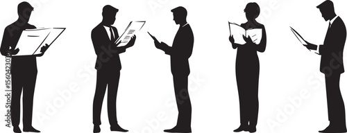 Business Professionals Reading Documents Silhouettes of Men and Women Reviewing Papers Contracts and Reports