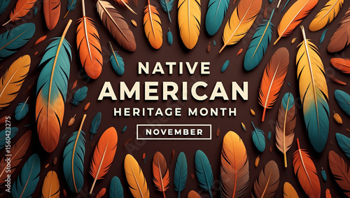 Native American Heritage Month Banner with Colorful Feathers and Bold Typography on Earthy Brown Background