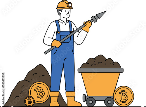 Bitcoin cryptocurrency miner holding pickaxe with mining cart and bitcoin coins in digital currency concept vector illustration