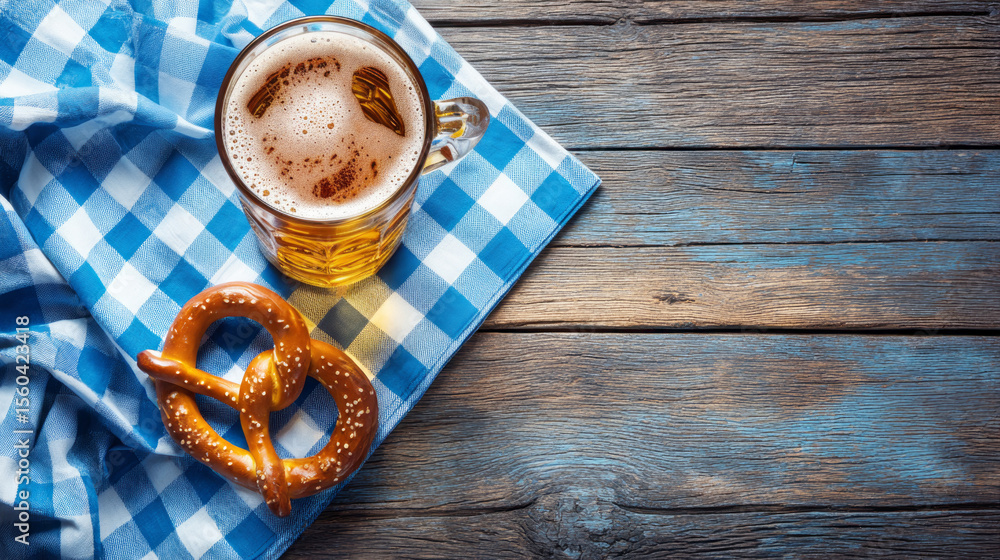 Naklejka premium Beer glass and pretzel with blue white tablecloth on rustic wooden background. Oktoberfest concept