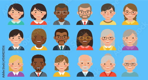 People avatars set. Different nationalities and ages. Vector illustration