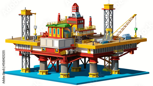 A 3D realistic offshore oil rig drilling platform, isolated on a white background, showcasing intricate details, towering structures, and engineering precision—an impressive representation of modern i