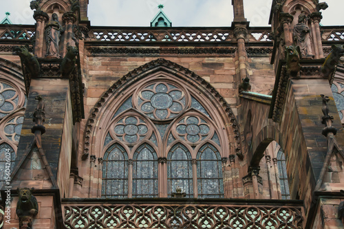 A detailed close-up of the facade of Strasbourg Cathedral, Notre-Dame Cathedral in Strasbourg, a masterpiece of Gothic art. 