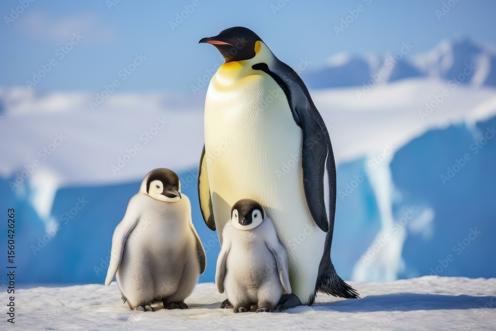 Fototapeta premium Emperor penguin family portrait with chicks standing together on ice floe in front of blue iceberg and snowy mountains