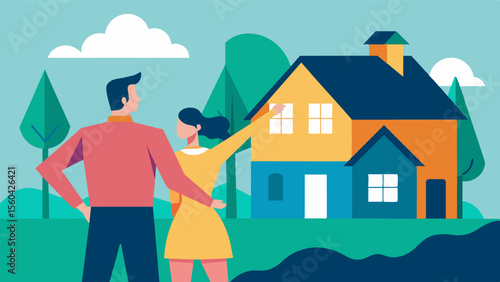 A couple taking a leisurely walk through a neighborhood they used to live in pointing out their old house and sharing stories from their time there. The nostalgic atmosphere. Vector illustration