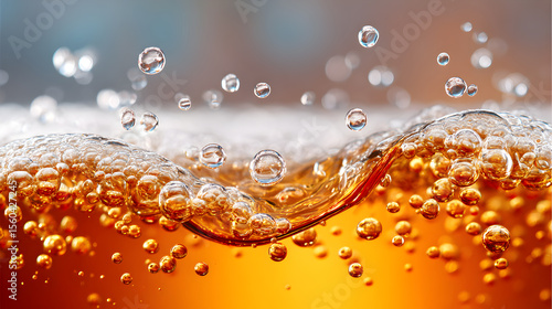 Close-up of sparkling bubbles rising in a fizzy beverage, showcasing the effervescence and texture of the liquid in a vibrant atmosphere. Selective focus
