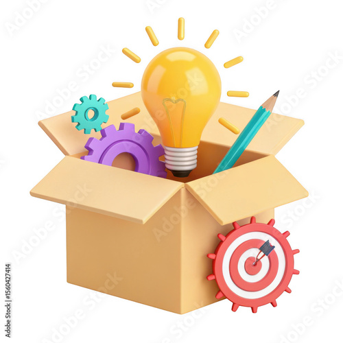 3d render idea box with lightbulb gears and target isolated on transparent background