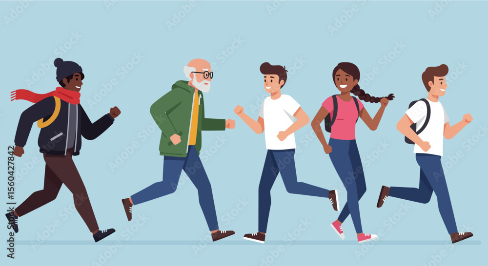 Obraz premium Vector illustration of a group of young people running and jogging.