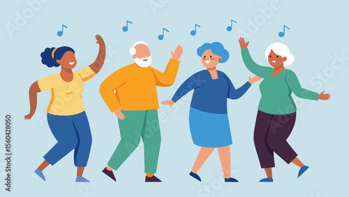 A group of seniors in a music therapy session using movement and dance to express themselves and connect with others. This form of therapy can improve physical and mental wellbeing. Vector