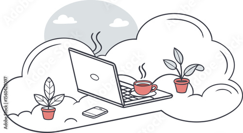 Laptop and coffee cup on a cloud with plants and a phone under a cloudy sky in a digital illustration