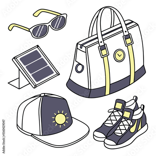 Illustration of sunglasses, solar panel, duffel bag, baseball cap and sneakers on a white background