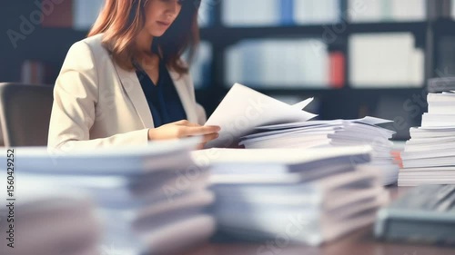 Video of a woman working with documents files. Stack of paper sheets on a work desk. Business law taxes