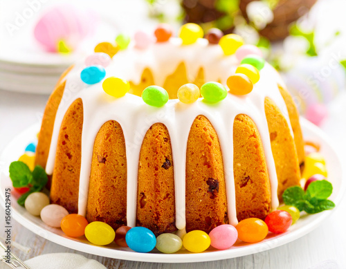 Vanilla bunt cake with white glaze and decorated with jellybeans for Easter. AI
