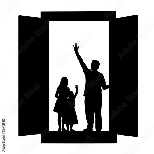 Family silhouette saying goodbye while standing in doorway  