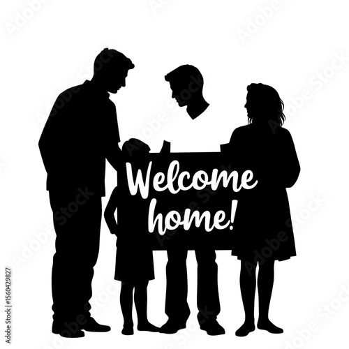 Family silhouette holding 'Welcome home!' sign with joyful expressions  
