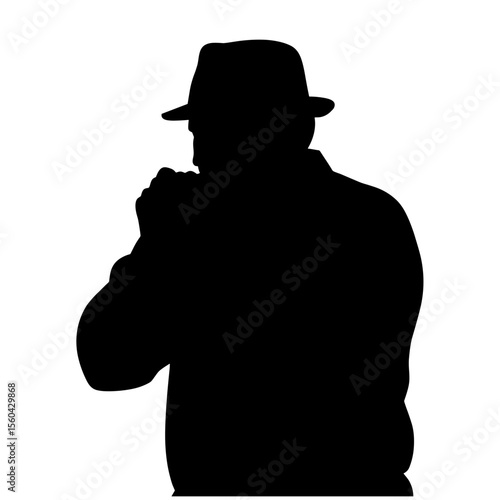 Man playing harmonica in silhouette against a white background  